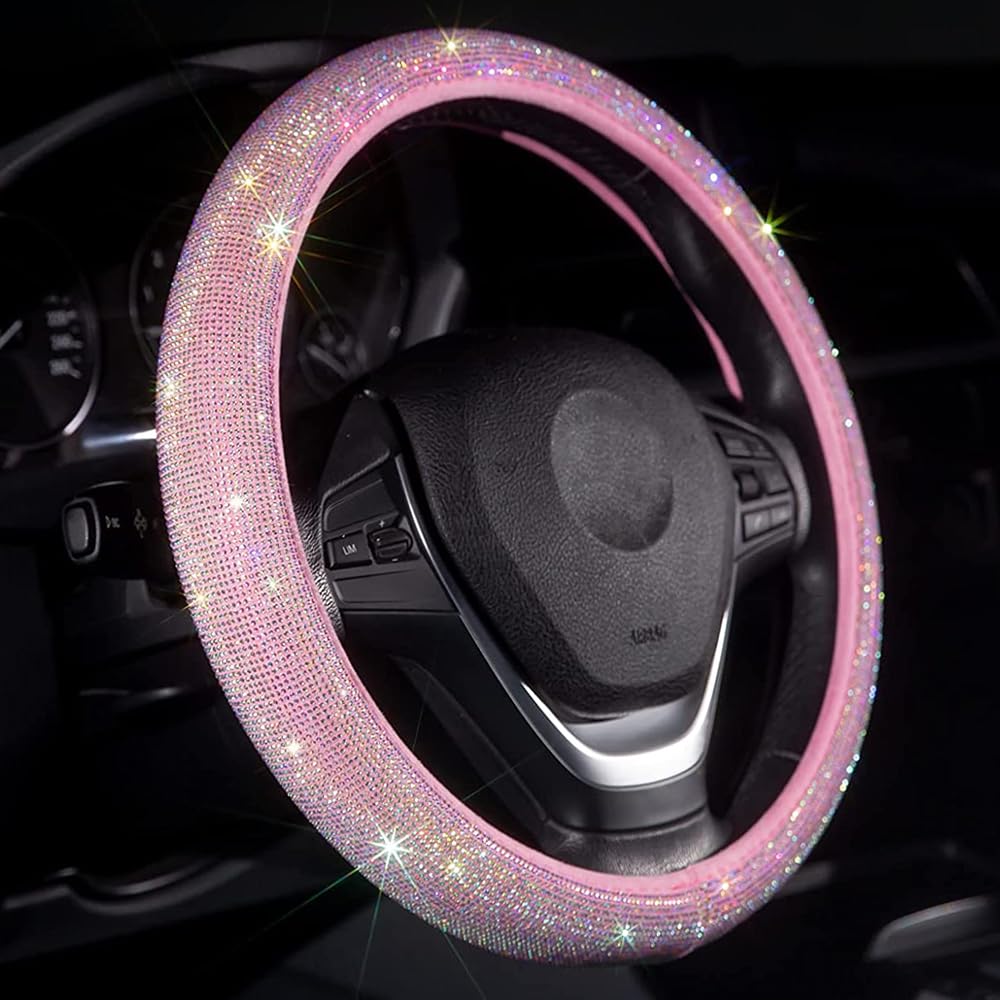 Carwales front view of pink steering wheel cover showing full bling and style benefit