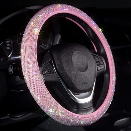 Carwales front view of pink steering wheel cover showing full bling and style benefit