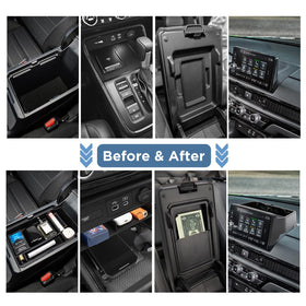 carwiner armrest box topview illustrating partitioned storage for coins and cards