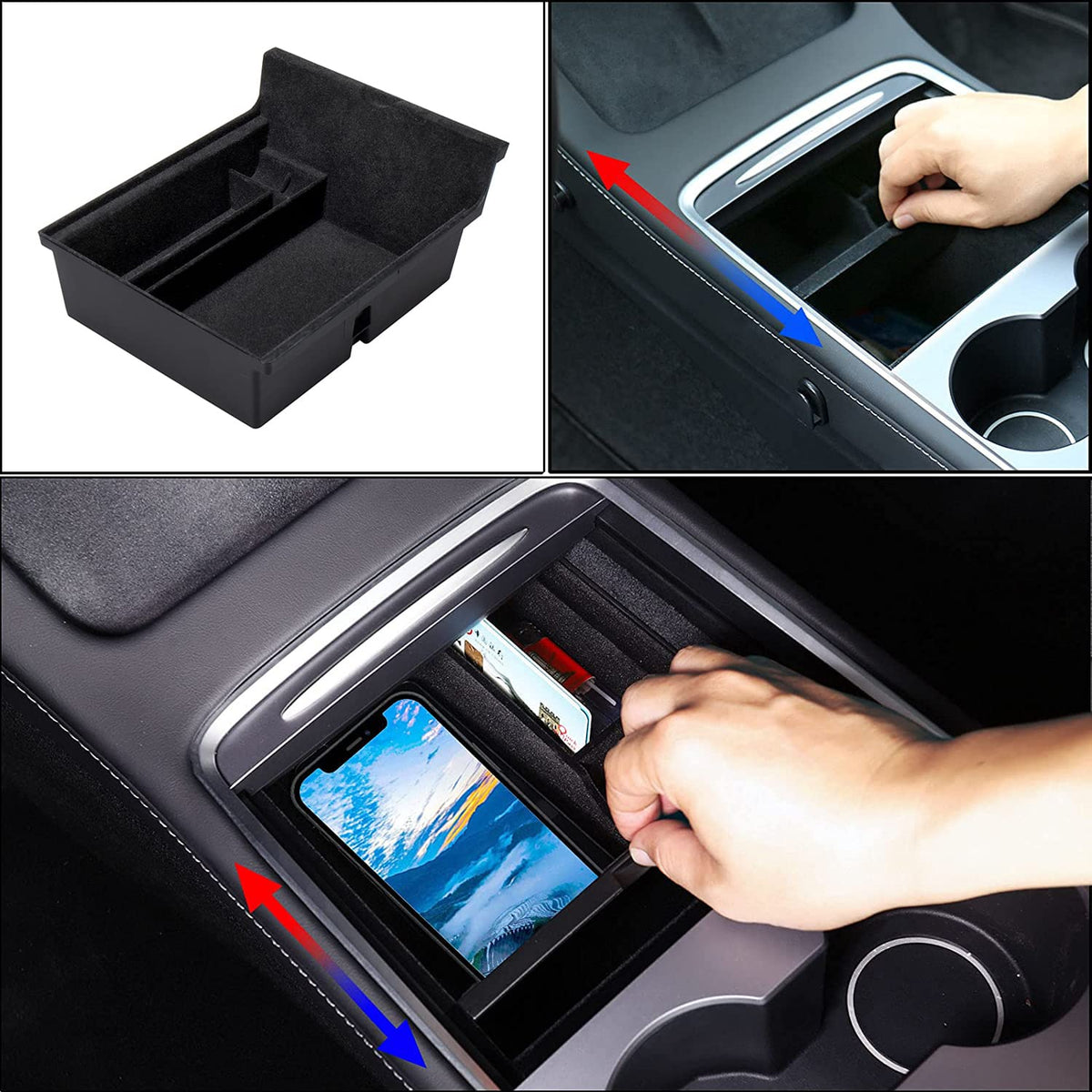 Carwiner armrest storage tray close-up protects items and reduces noise