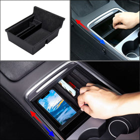 Carwiner armrest storage tray close-up protects items and reduces noise