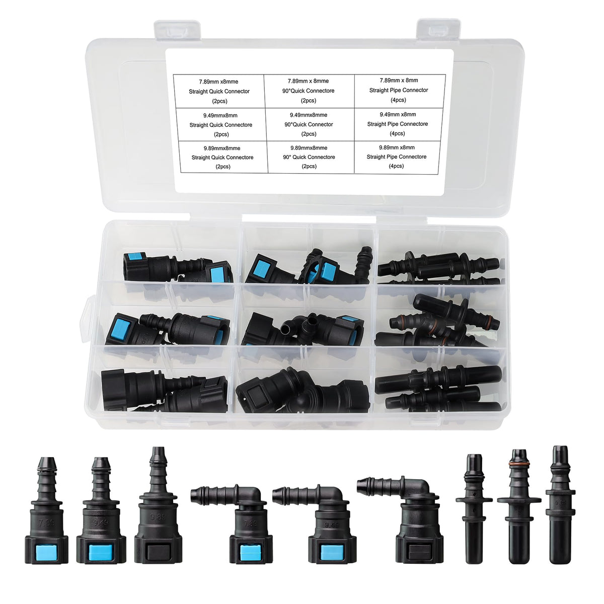 CASIFAVI front packaging showing 24-piece fuel line quick connect kit and contents for fast installation