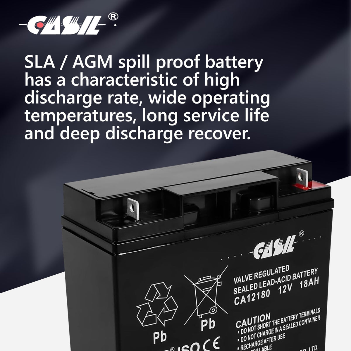 Casil side label highlighting sealed AGM design for spill-proof use