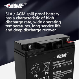 Casil side label highlighting sealed AGM design for spill-proof use