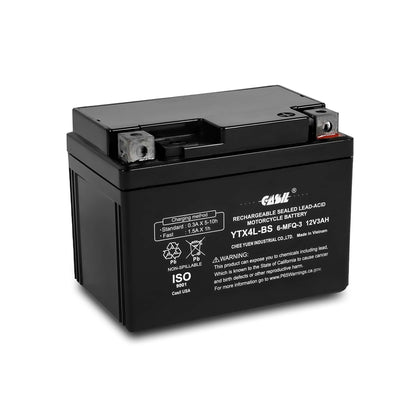 Casil YTX4L-BS front view showing compact battery and model label for reliable starts