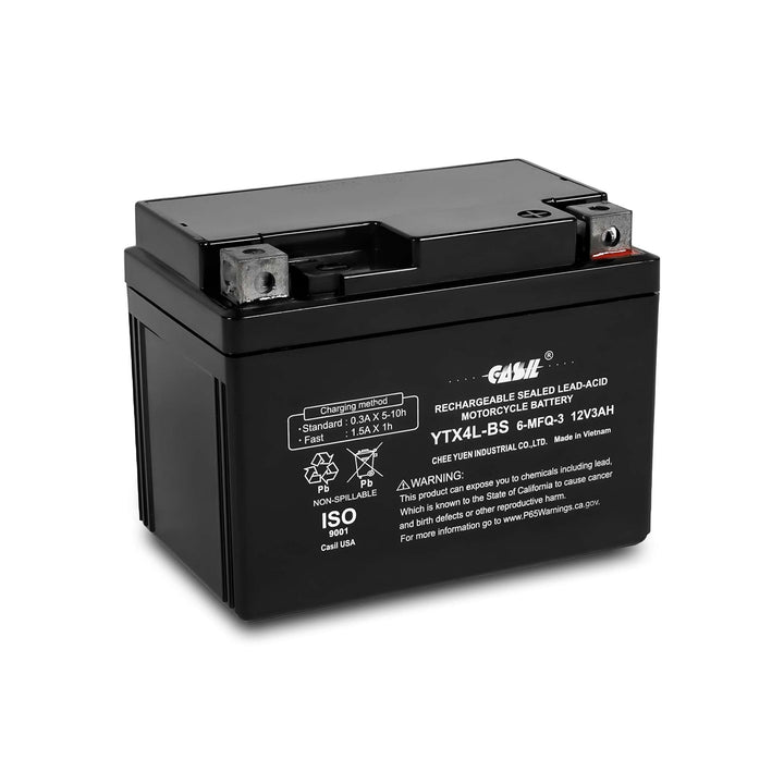 Casil YTX4L-BS front view showing compact battery and model label for reliable starts