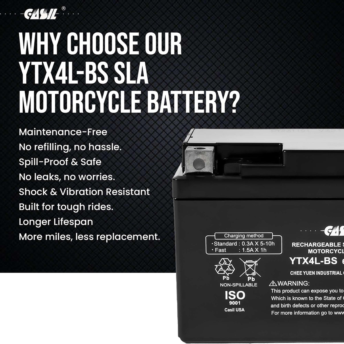 Casil YTX4L-BS next to a ruler for size scale and quick fit verification for small bikes