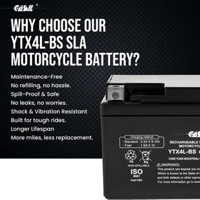 Casil YTX4L-BS next to a ruler for size scale and quick fit verification for small bikes