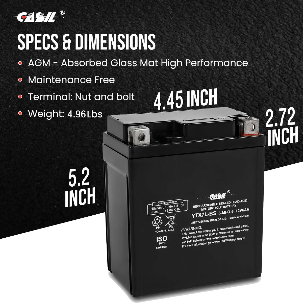 Casil battery dimensions next to ruler showing compact size advantage