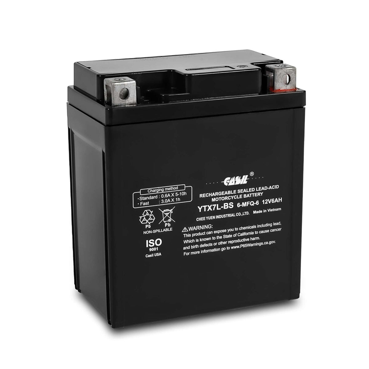 Casil battery front view showing compact case and label for reliable fit