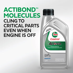 Castrol Actevo pouring into motorcycle engine oil filler, demonstrating easy application