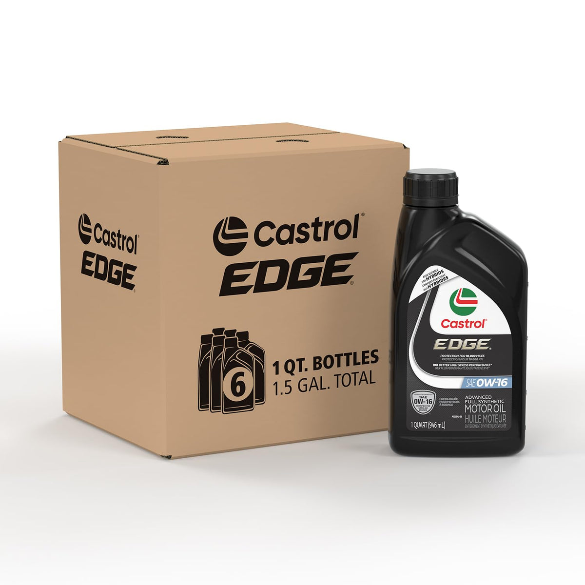 Castrol EDGE 0W-16 front pack showing six quart bottles and brand for easy stocking