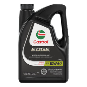 Castrol EDGE front label visible on 5 quart bottle showing specifications and benefit