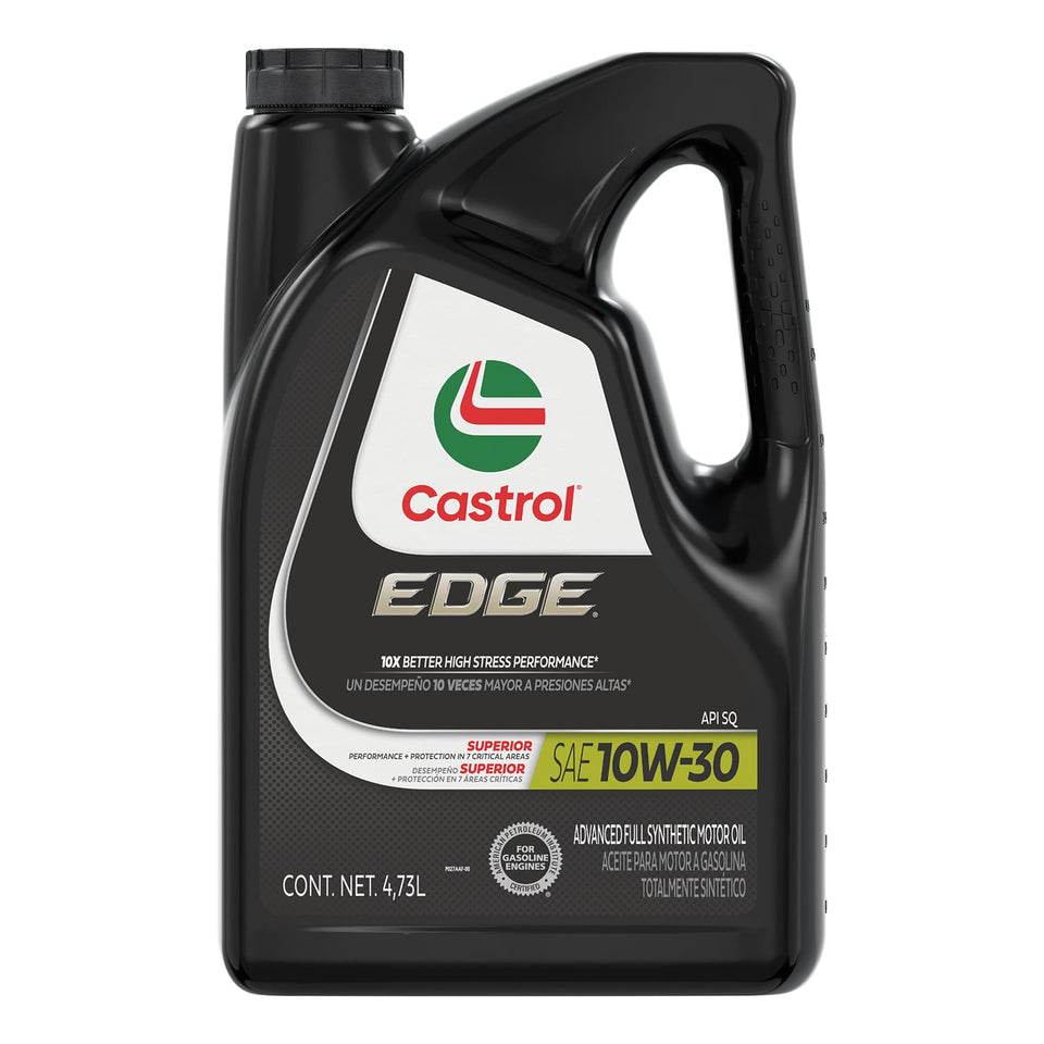 Castrol EDGE front label visible on 5 quart bottle showing specifications and benefit