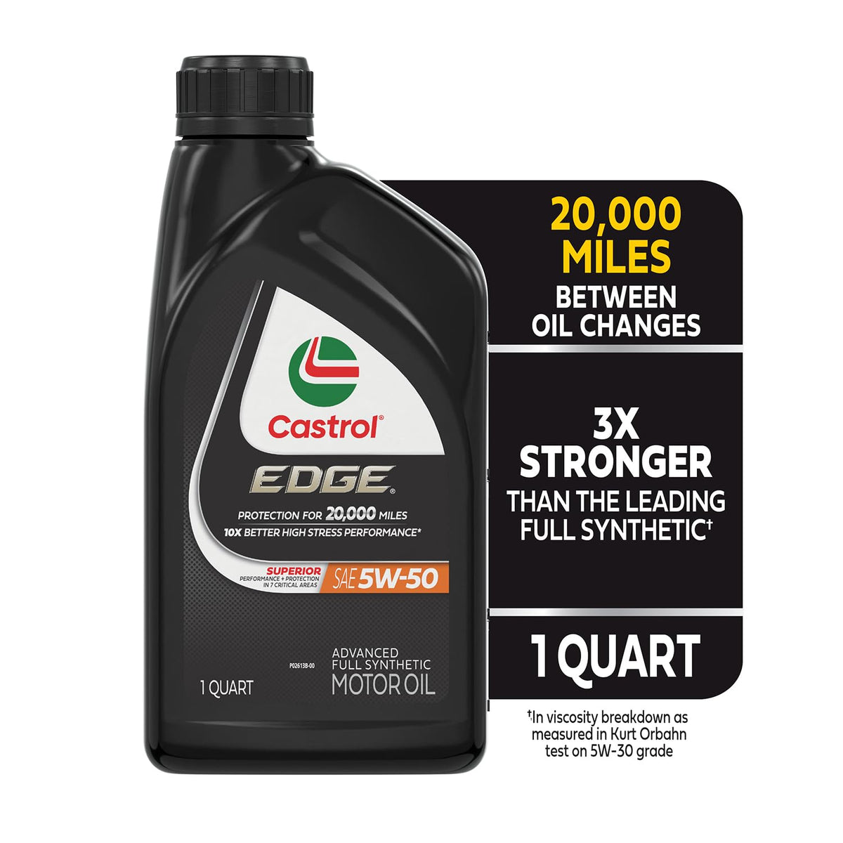 Angled Castrol EDGE 5W-50 bottle highlighting design and durability