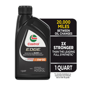 Angled Castrol EDGE 5W-50 bottle highlighting design and durability