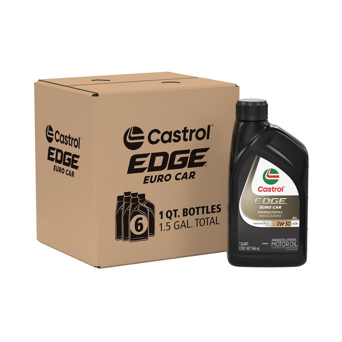Castrol EDGE Euro 0W-30 front bottle view showing label and specification benefits