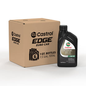 Castrol EDGE Euro front packaging showing 1 qt bottle and six-pack convenience benefit