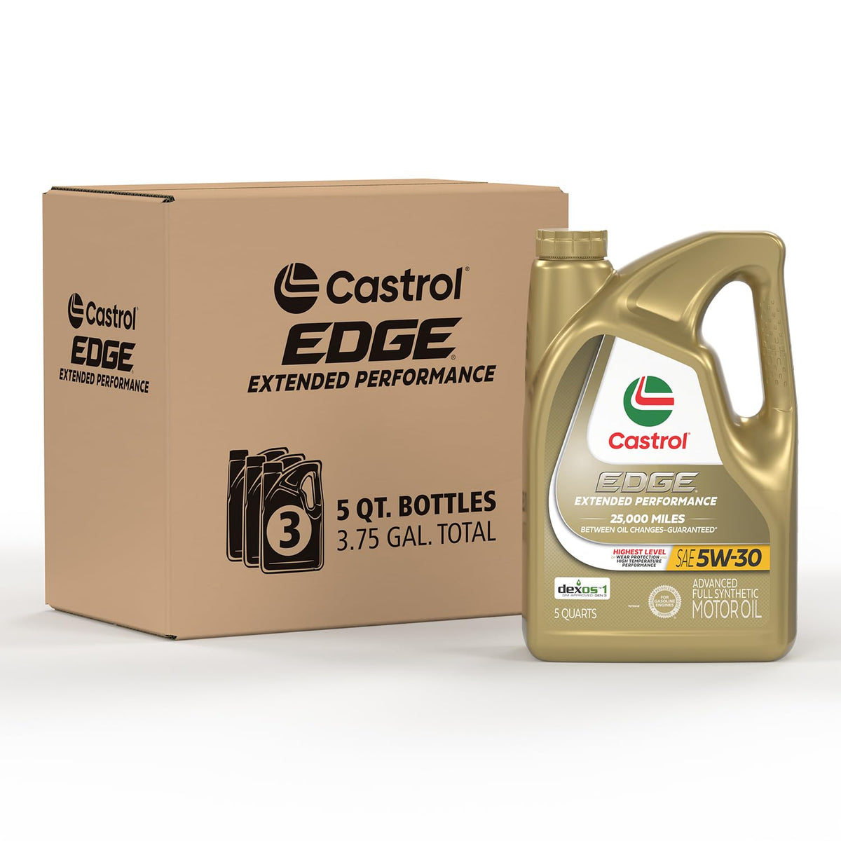Castrol EDGE front packaging showing three 5Qt bottles and clear full-synthetic identification