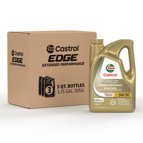Castrol EDGE front packaging showing three 5Qt bottles and clear full-synthetic identification
