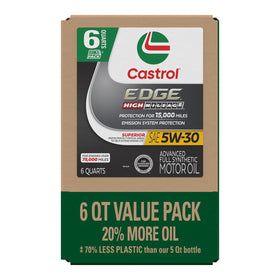 Castrol EDGE front packaging showing 6 qt EcoPack and benefits