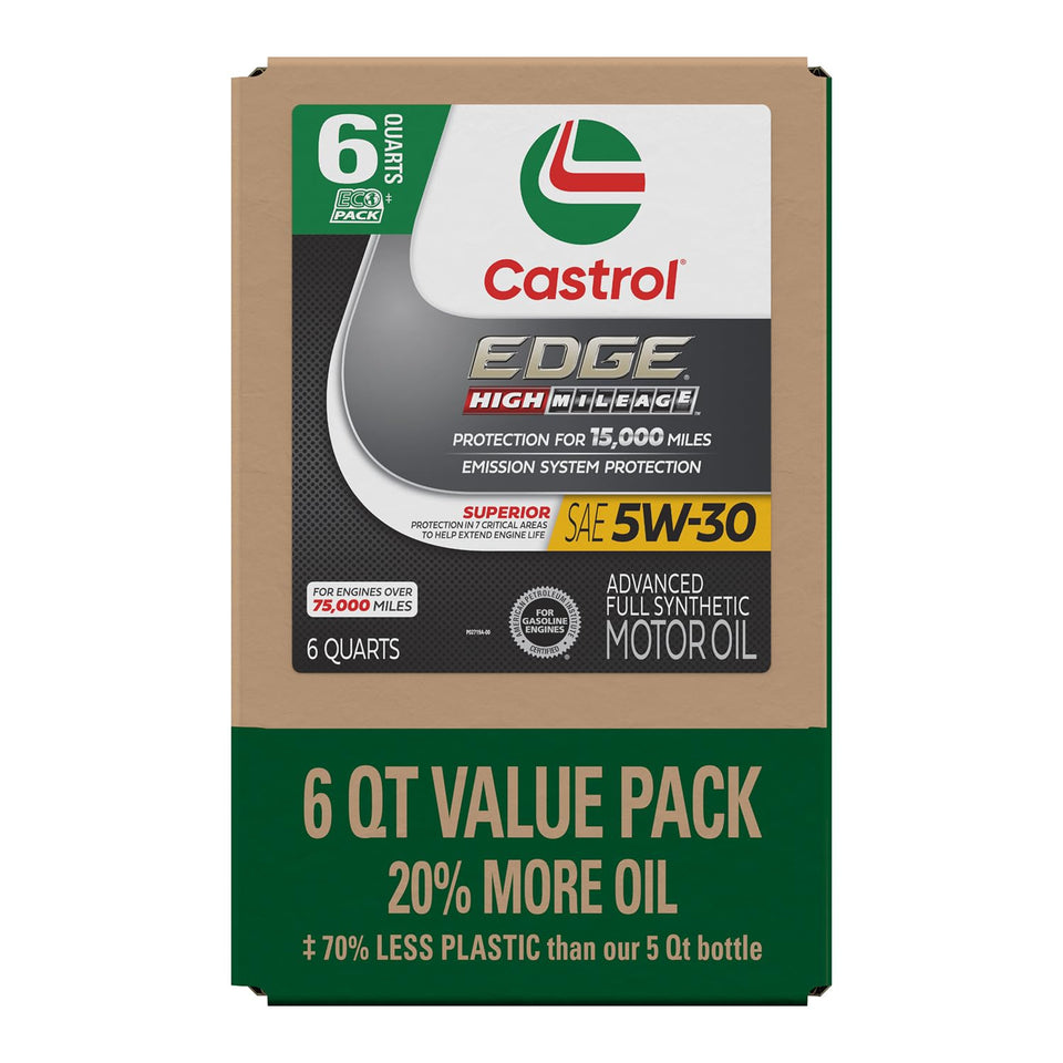 Castrol EDGE front packaging showing 6 qt EcoPack and benefits
