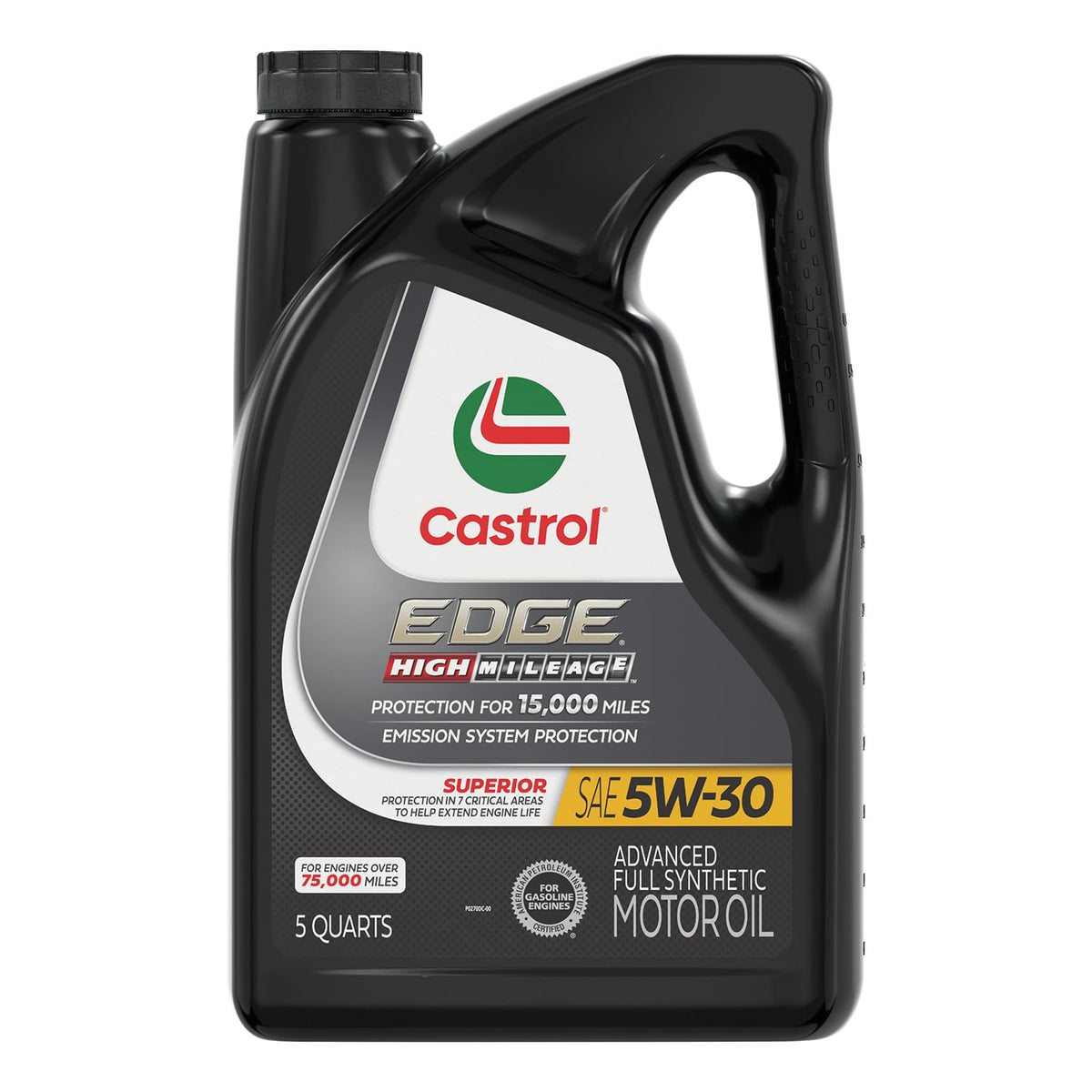 Castrol EDGE high mileage front label showing product name and 5W-30 benefits