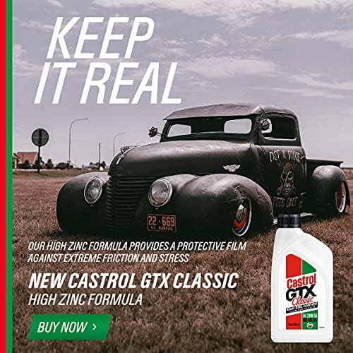 Castrol bottles on garage workbench near classic car conveying reliable protection and readiness