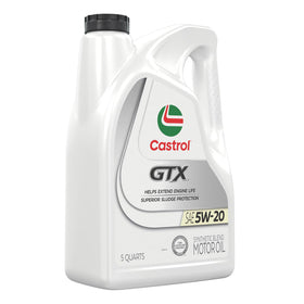 Castrol GTX five quart bottle next to measuring tool showing quantity and storage convenience