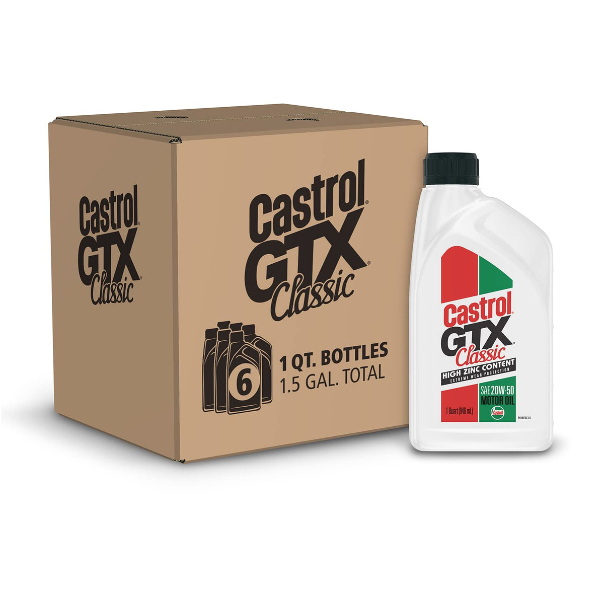 Castrol GTX Classic front packaging showing six-quart bottles and brand, clear value