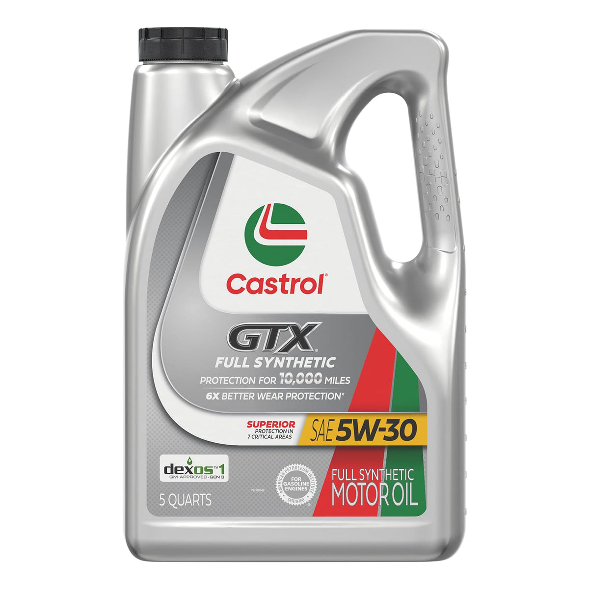 Castrol GTX front packaging showing 5 quart jug and label benefit