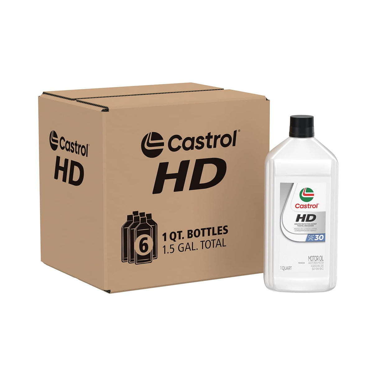 Castrol HD-30 front packaging showing six 1-quart bottles and organized storage benefit