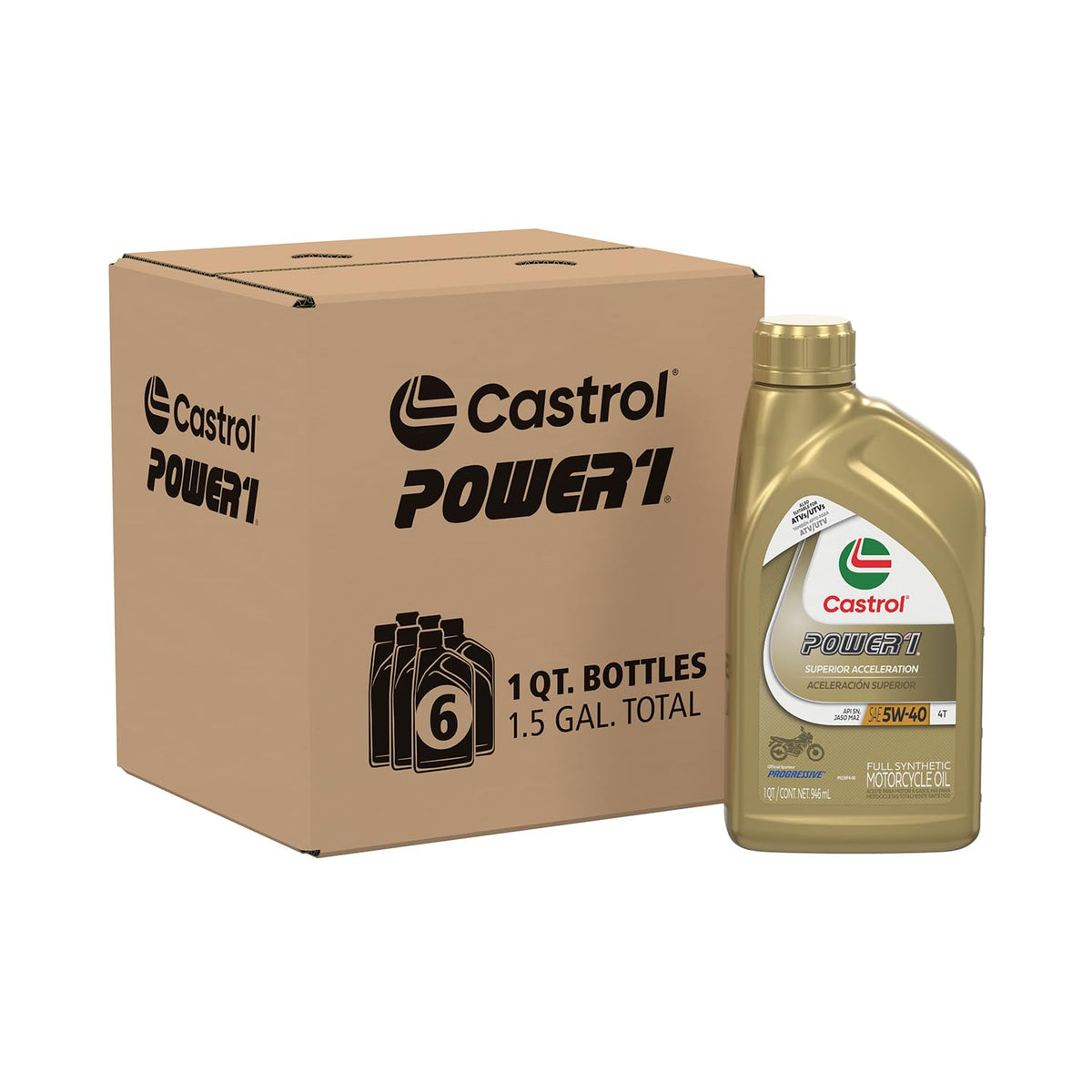 Castrol Power1 4T front packaging showing bottle and brand delivering reliable protection