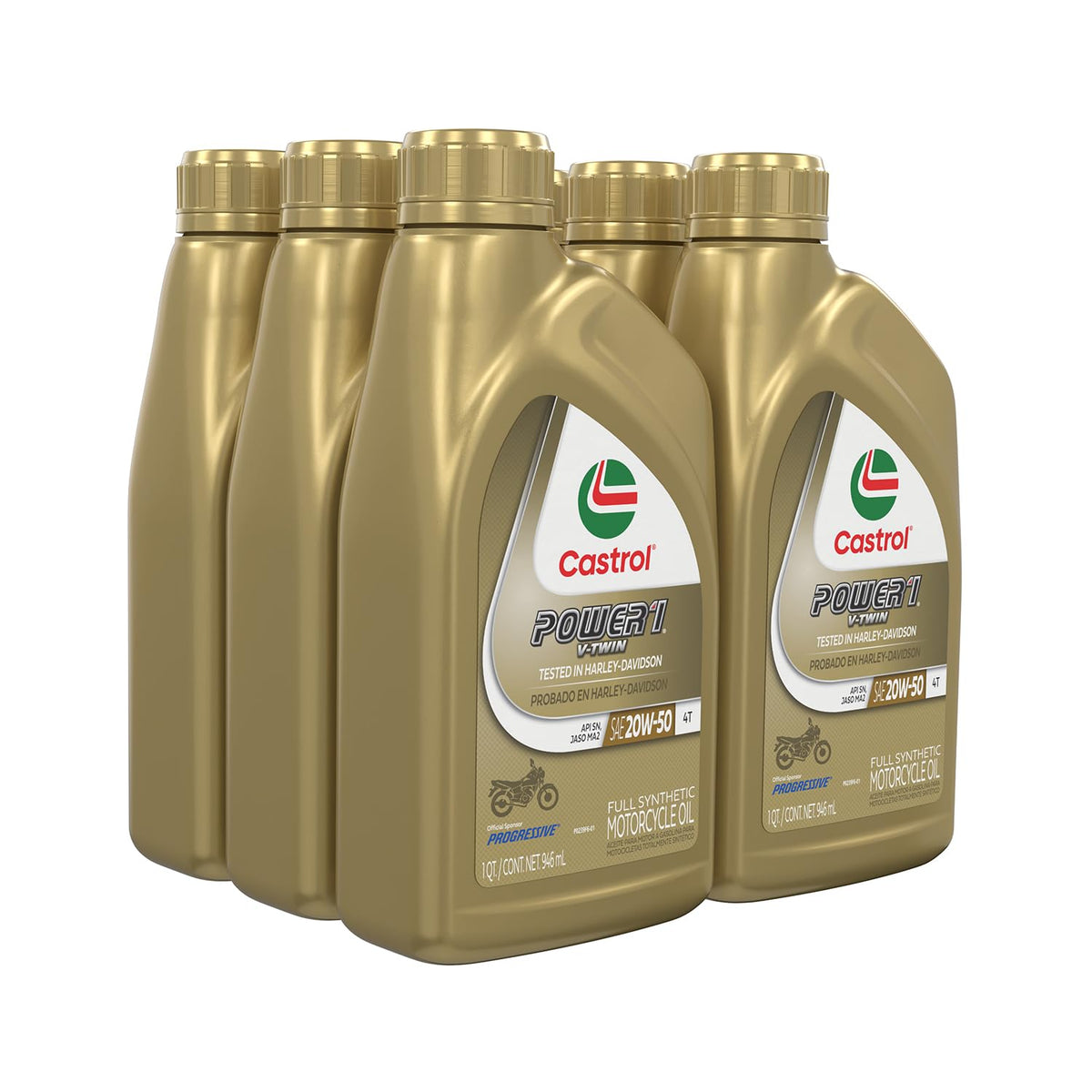 Castrol Power1 beside a V-twin motorcycle in a garage for trusted performance