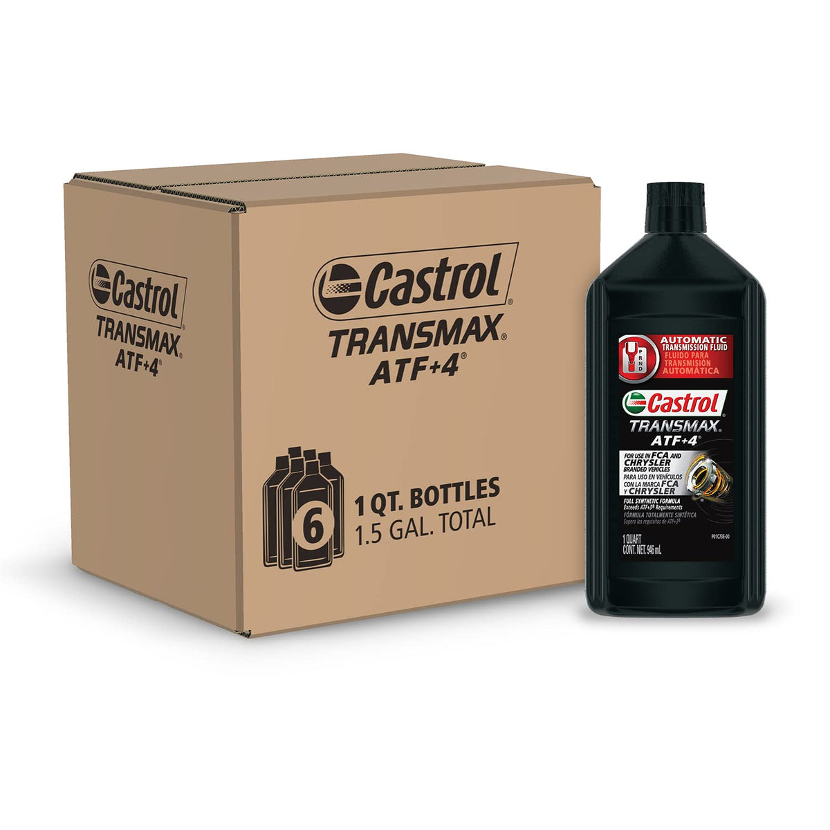 Castrol Transmax ATF+4 front packaging showing label and quart size benefit