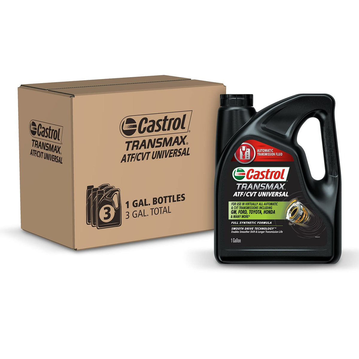Castrol Transmax front packaging showing three one-gallon bottles and product labeling for easy identification