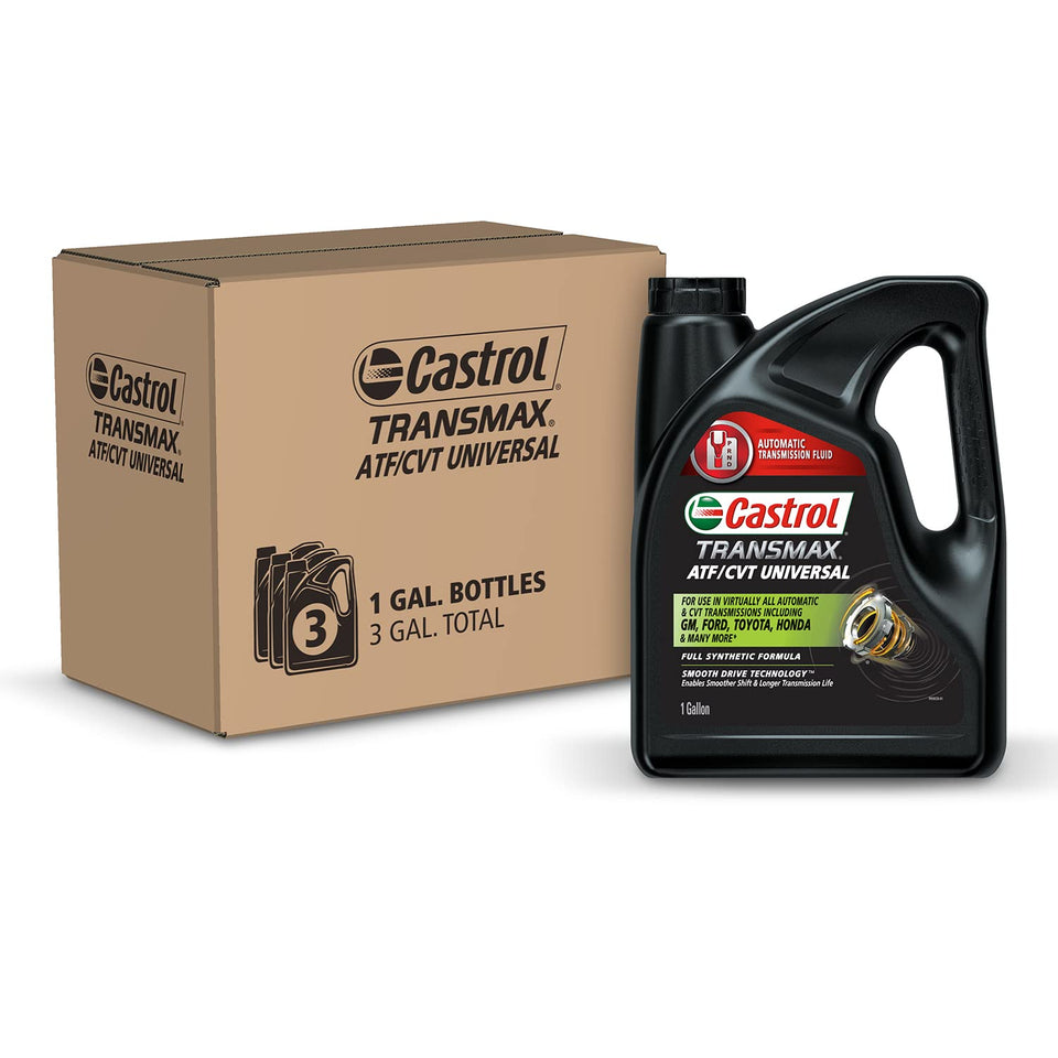 Castrol Transmax front packaging showing three one-gallon bottles and product labeling for easy identification