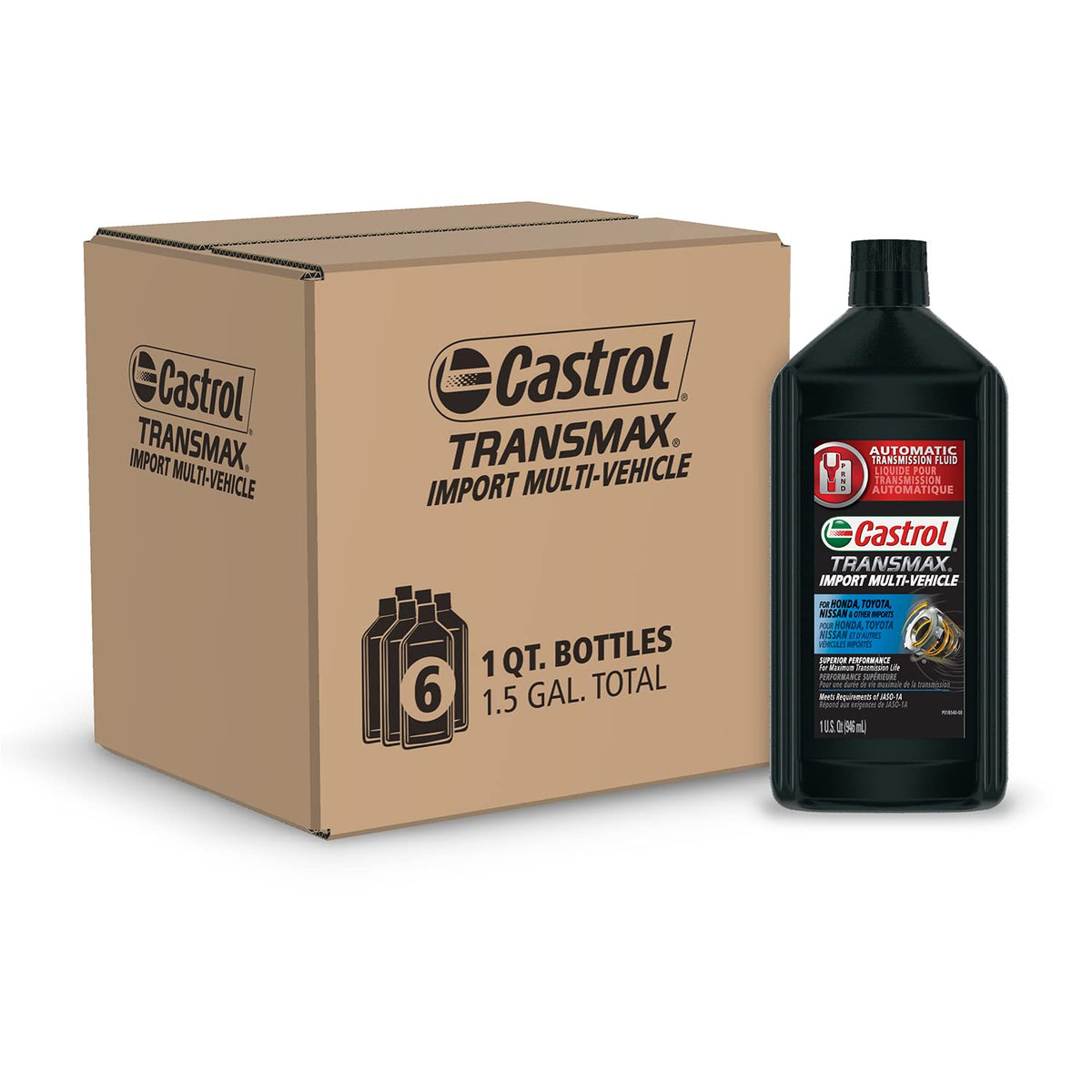 Castrol Transmax pack front view showing six quart bottles and clear labeling for quick selection