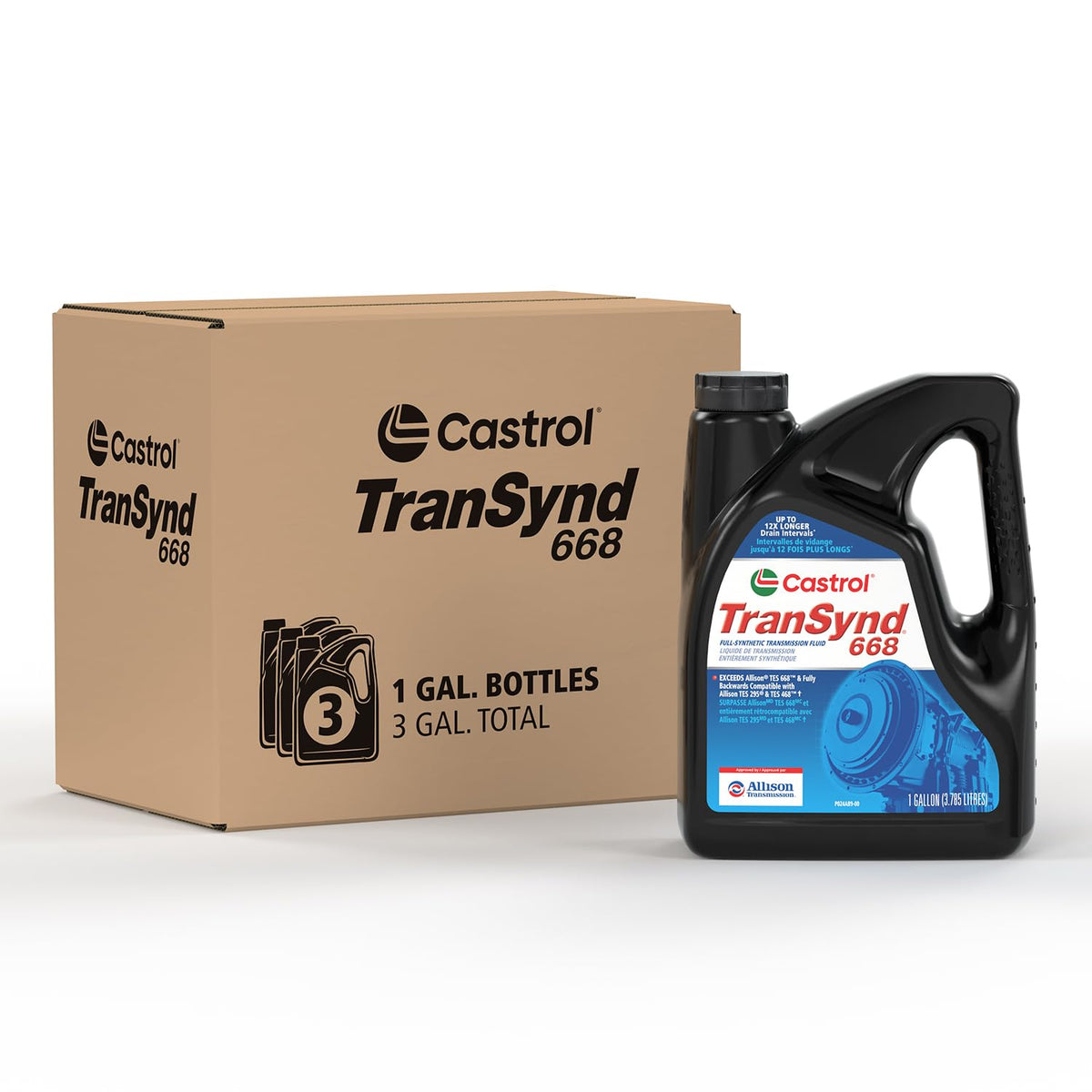 Castrol TranSynd 668 front packaging showing 1‑gallon jug and clear product labeling for fleet reliability