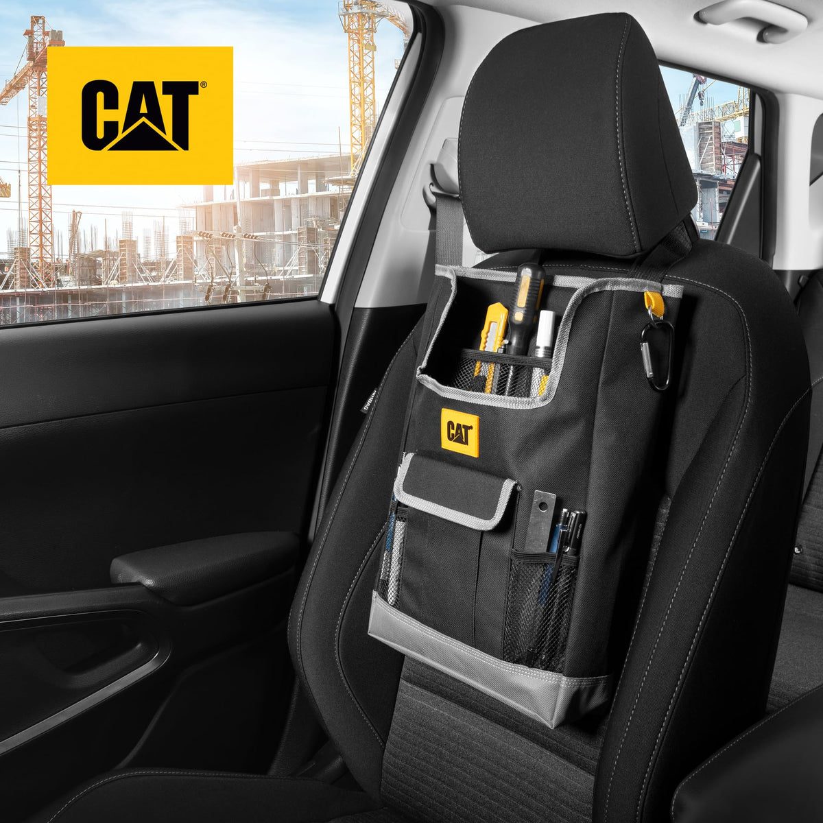 CAT organizer attached to front seat, secure fit and easy access benefit
