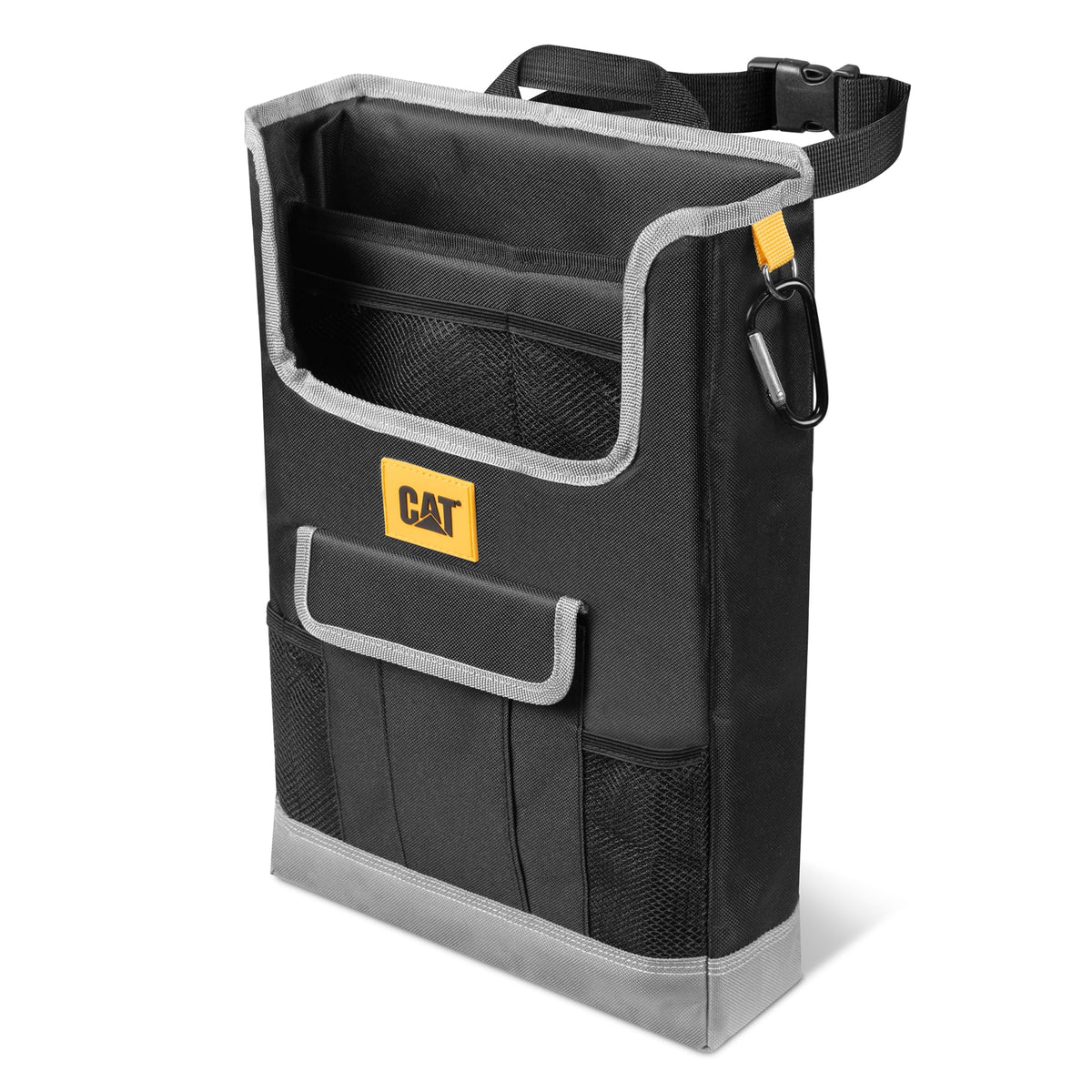 CAT car seat organizer front view showing pockets and brand badge, durable storage benefit
