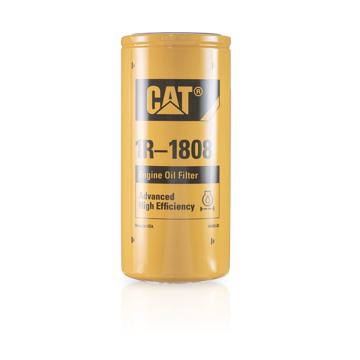 CAT front view of 1R1808 oil filter showing label and threads for easy identification and fit