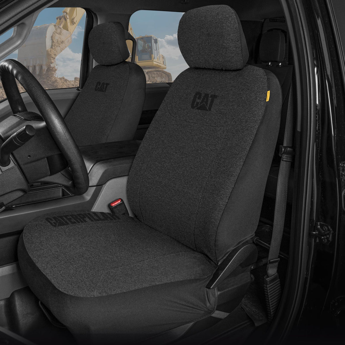 CAT installation image slipping cover over seat showing quick tool-free setup benefit