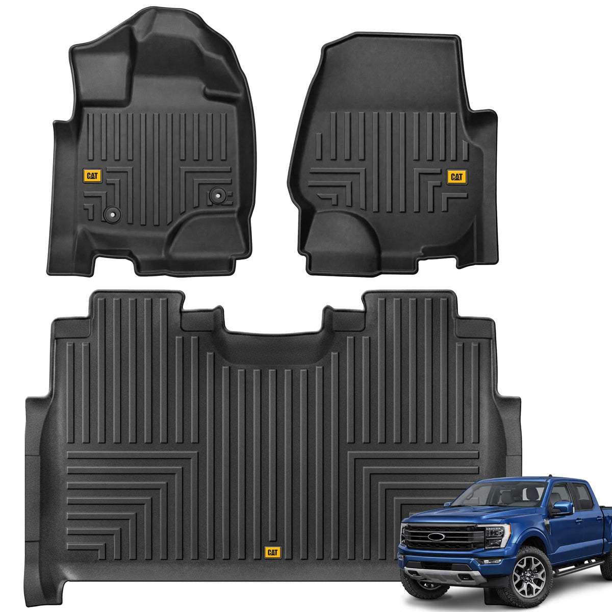 Cat front view of floor mats showing full-cabin protection and durable surface