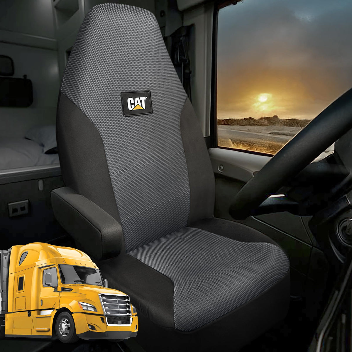 CAT front view seat covers showing full cab protection and professional look
