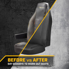 CAT installed seat cover in semi cab demonstrating protective fit