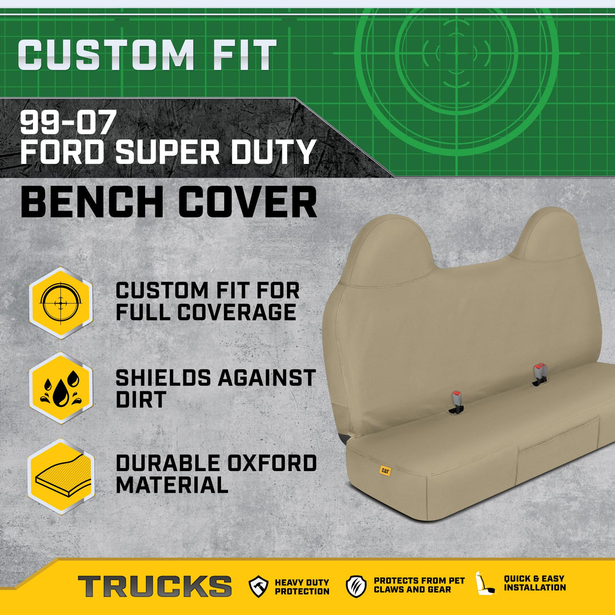 Cat seat cover next to tools for scale, showing robust protection