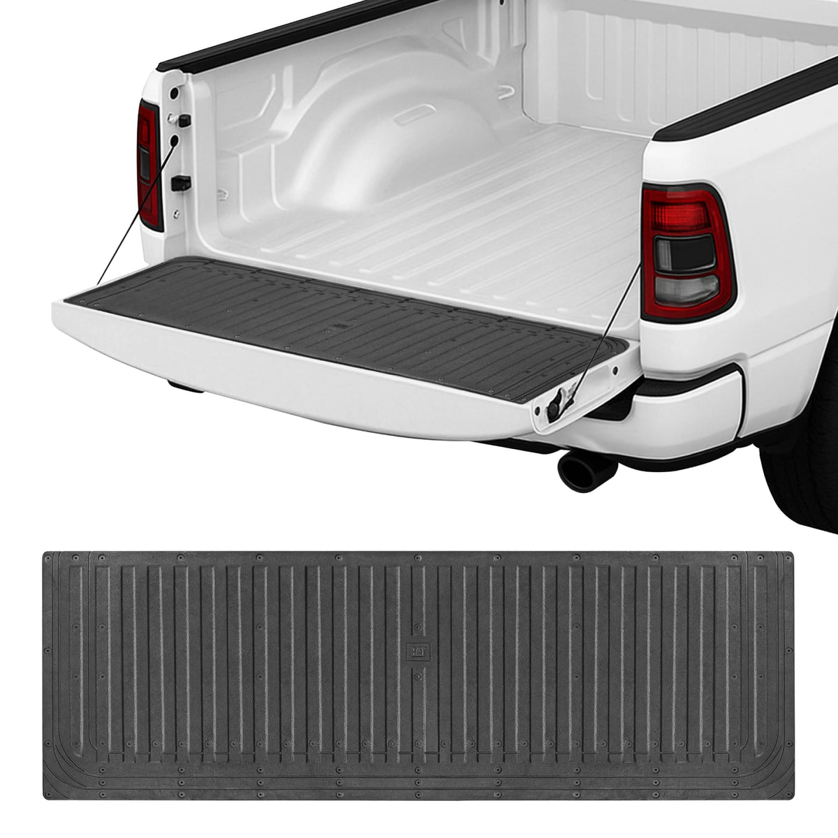 CAT heavy-duty tailgate mat front view showing full coverage and protection