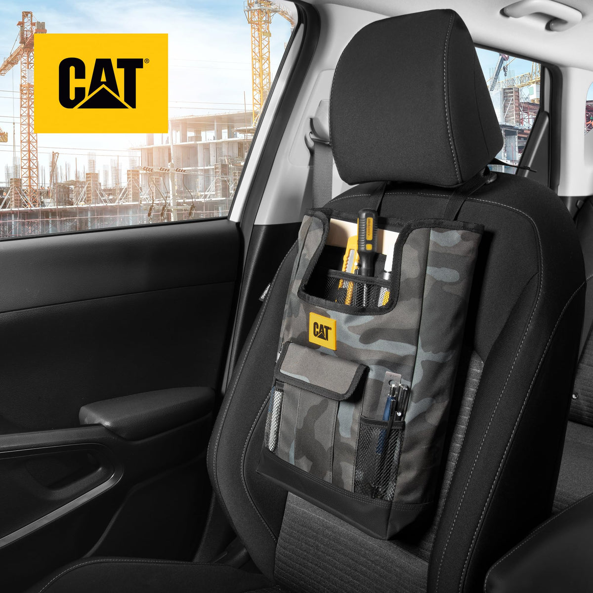 CAT attached to front seat headrest, keeps essentials secure while driving