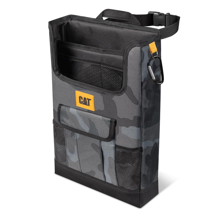 CAT front view of organizer showing pockets and urban camo, keeps items within reach